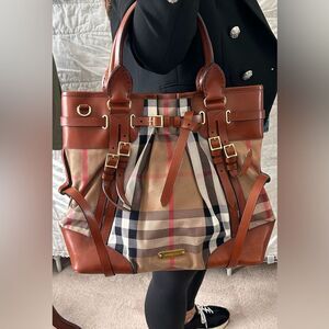 Burberry Bridle Calfskin House Check Medium Tote Dark Tan